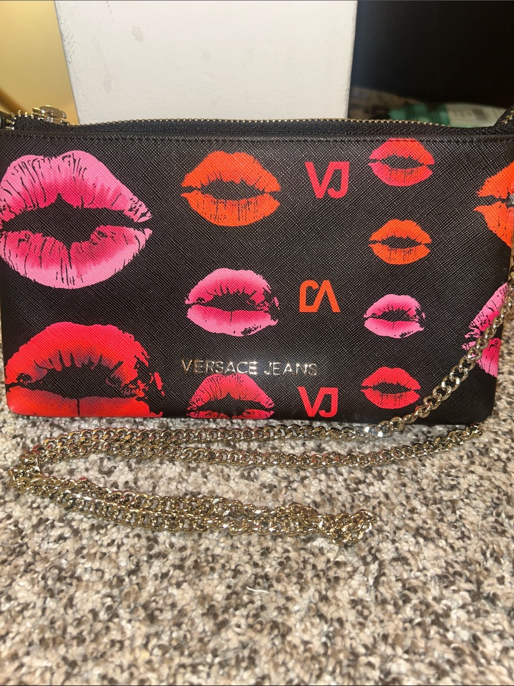 Versace Jeans Collection Black Crossbody with Pink & Orange Lip Print